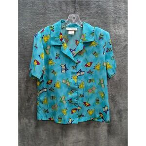 Vintage Button Up Sirt Womens Medium Beach Novelty Print Shoulder Pads Coastal